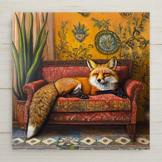 Bohemian Fox Ceramic Tile Art: Southwest Desert Decor