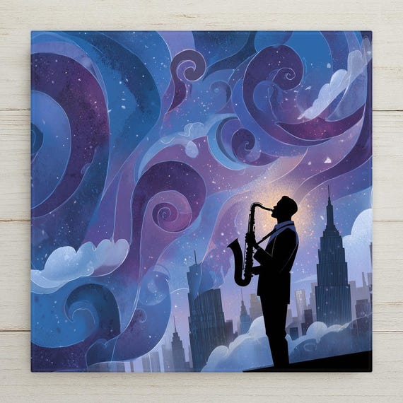 Jazz Saxophone Musician Wall Art Ceramic Tile Stained Glass Starry Night Cityscape Musical Decor Gift for Music Lovers