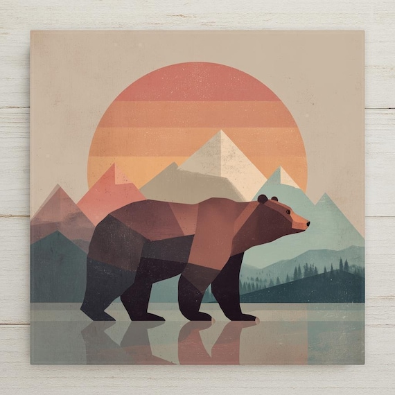 Modern Geometric Bear Ceramic Tile - Mountain Sunset Wildlife Wall Art for Rustic Cabin Decor