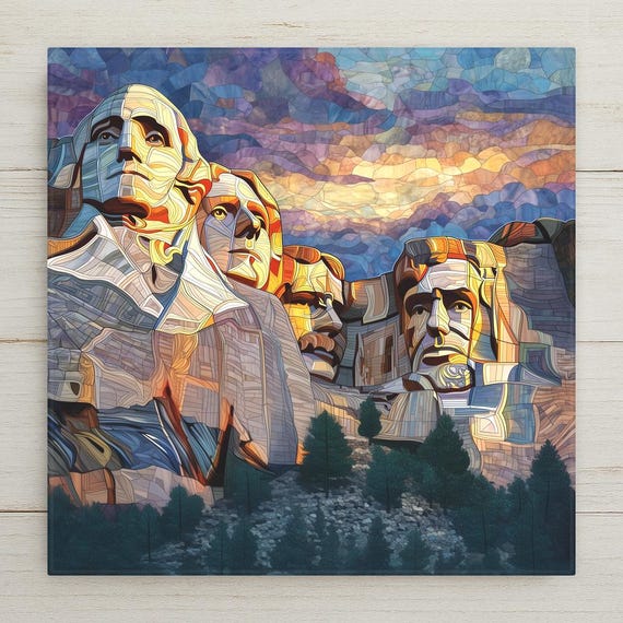 Mount Rushmore Sunset Ceramic Tile Art in Stained Glass Style – American Landmark Wall Art for Patriotic Wall Decor and Home Decor