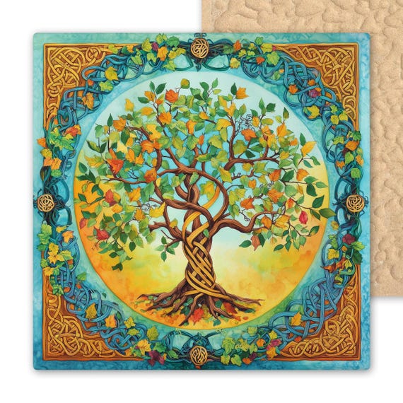 Celtic Tree of Life Ceramic Tile Art | Irish Pagan Nature Wall Decor | Spiritual Home Gift | Green Man Inspired Altar Trivet Coaster