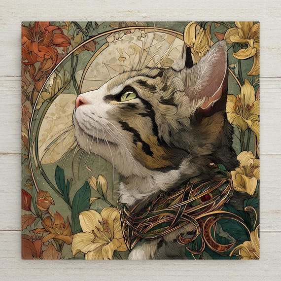 Art Nouveau Cat Wall Ceramic Tile Stained Glass Style Feline Lilies Golden Floral Vintage Decor Whimsical Pet Lover Gift Accent