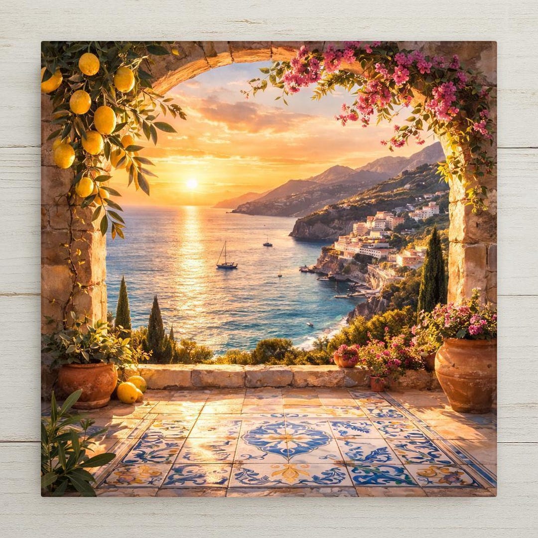 Amalfi Coast Sunset Coastal Wall Art Ceramic Tile – Mediterranean Wall ...