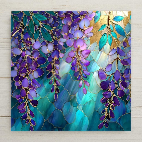 Stained Glass Wisteria Tile Art – Purple Floral Ceramic Wall Decor with Golden Sunlight – Nature-Inspired Botanical Gift for Garden Lovers