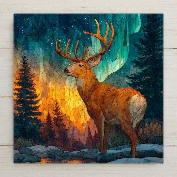 Reindeer Wall Art Ceramic Tile Stained Glass Style Christmas Wildlife Gift Winter Nature Cabin Decor Art