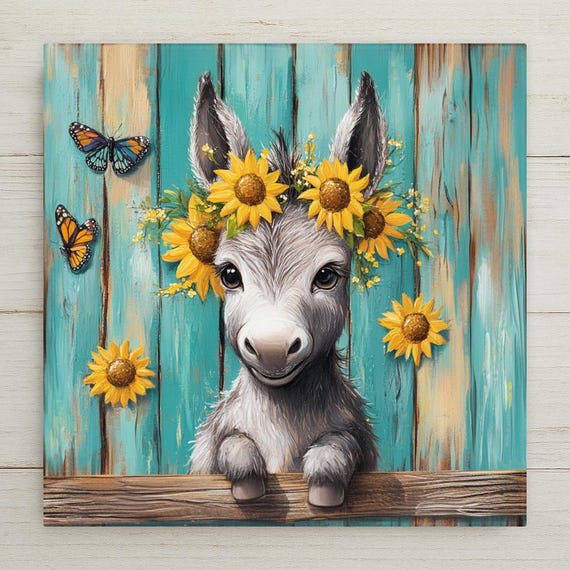 Baby Donkey Ceramic Tile Art: Whimsical Sunflower Farmhouse Decor