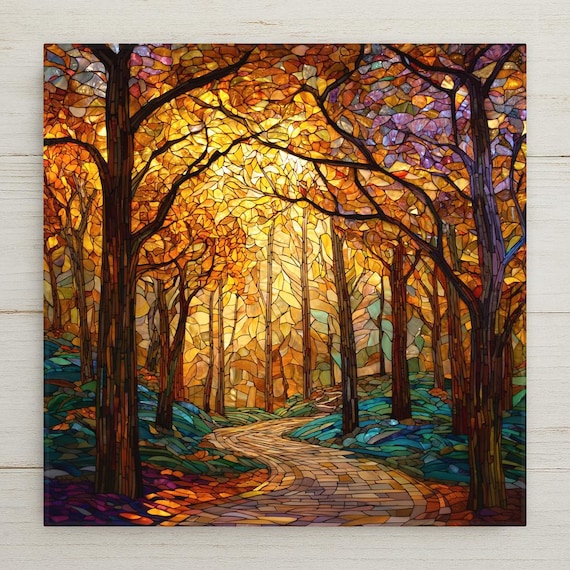 Autumn Forest Path Ceramic Tile Wall Art – Stained Glass Style Landscape Wall Decor, Rustic Cabin Home Decor Fall Nature Gift for Art Lovers