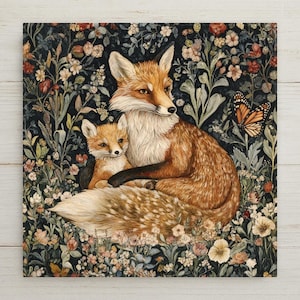 Fox Wall Art Ceramic Tile William Morris Gift Art Nouveau Fox Lover Nature Art Woodland Decor Botanical Pair Gift