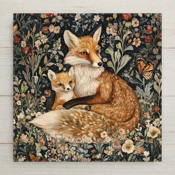 William Morris Style Fox and Pup Ceramic Tile - Art Nouveau Decor