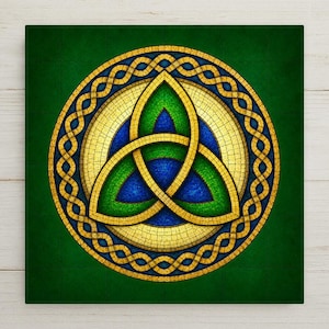 May include: A square wall art piece featuring a central triquetra knot design rendered in a mosaic style. The artwork displays vibrant green, deep blue, and golden yellow colors, surrounded by a circular braided border on a dark green background.