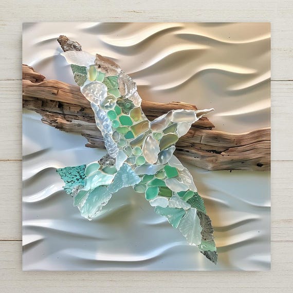 Sea Glass Bird Art Wall Hanging – Outdoor Nautical Decor with Driftwood, Coastal Beach House Wall Art, Ocean Inspired Mosaic Bird