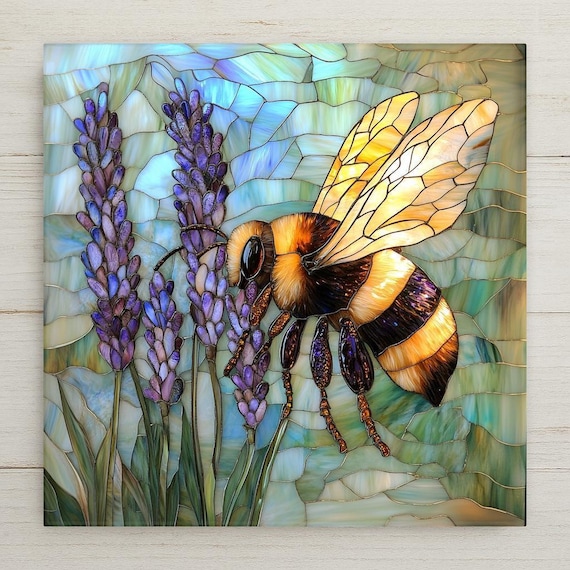 Stained Glass Bee & Lavender Ceramic Tile Wall Art: Cottagecore Wall Decor Home Decor