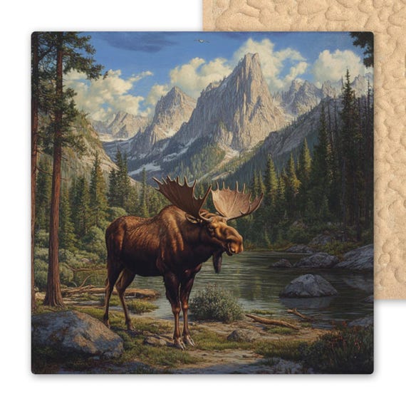 Audubon-Inspired Moose Ceramic Tile Art: Rustic Wildlife Wall Decor for Lodge, Cabin, or Nature Enthusiasts