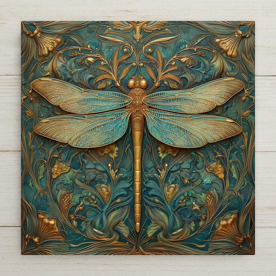 Art Nouveau Dragonfly Ceramic Tile Wall Art – Gold Teal Dragonfly with Botanical Scrollwork, Nature Inspired Home DecorGift