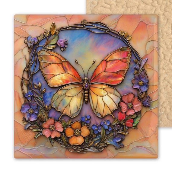 Butterfly Ceramic Tile Wall Art, Floral Stained Glass Style Tile, Art Nouveau Butterfly Gift, Garden Decor, Colorful Nature Home Accent
