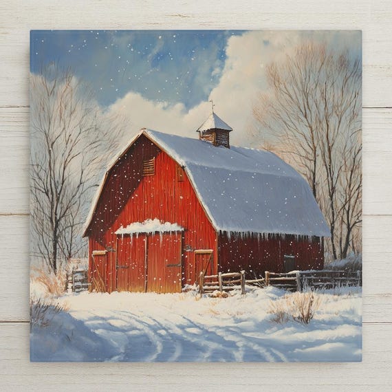 Red Barn Winter Wonderland Ceramic Tile: Rustic Farmhouse Christmas Decor