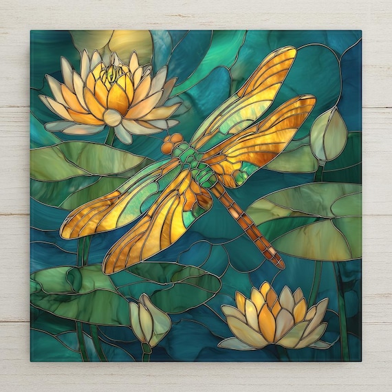 Dragonfly Wall Art Ceramic Tile – Water Lily Pond Decor – Nature Inspired Wall Decor – Botanical Home Decor – Decorative Wall Tile