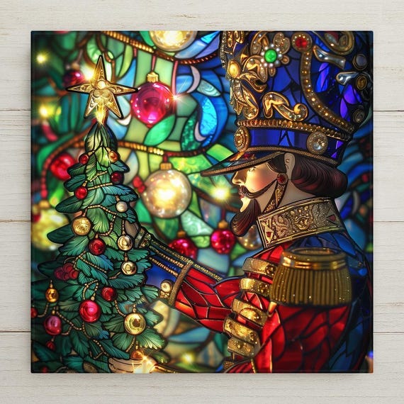 Stained Glass Nutcracker Soldier Ceramic Tile Wall Art - Christmas Holiday Ballet Festive Decor Gift Print