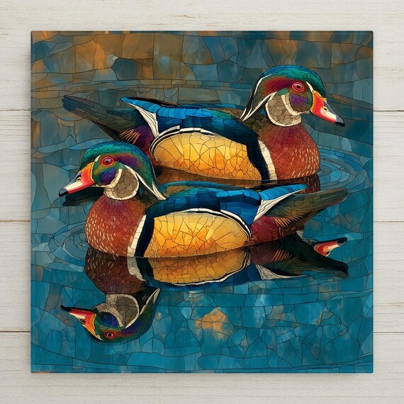Wood Duck Wall Art Ceramic Tile Stained Glass Style Duck Pair Birdwatcher Memorial Gift Wildlife Decor