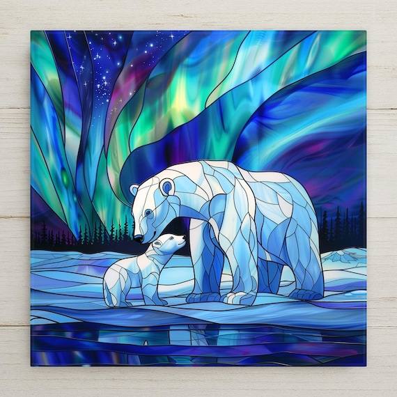 Stained Glass Polar Bear & Cub Ceramic Tile Wall Art - Arctic Winter Scene with Northern Lights Home Decor