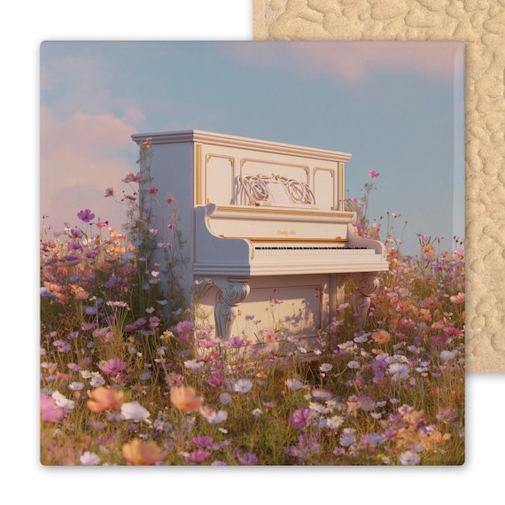 White Piano Wall Art Ceramic Tile Stained Glass Style Meadow Wildflowers Musical Decor Vintage Music Lover Gift Cottagecore Petal Bloom