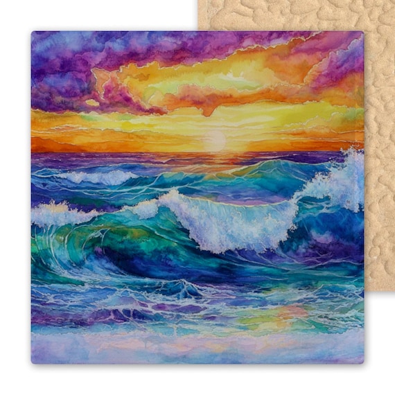 Watercolor Ocean Sunset Ceramic Tile Art - Coastal Beach House Wall Decor, Nautical Trivet Gift