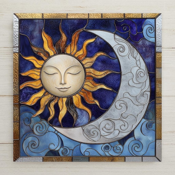 Celestial Sun and Moon Ceramic Tile Art: Stained Glass Style Decor