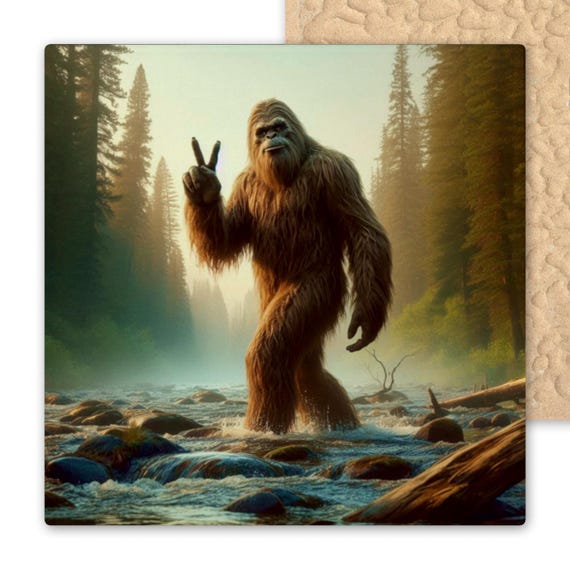 Sasquatch Peace Sign Ceramic Tile Art - Mythical Creature Wall Decor, Coaster, Trivet for Bigfoot Enthusiasts