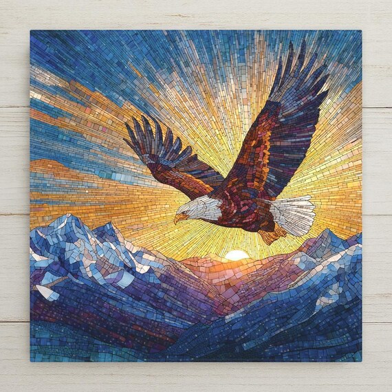 Soaring Eagle Ceramic Tile Decor – Symbol of Freedom and Strength for Office, Living Room, or Cabin Decor in Stained Glass Style