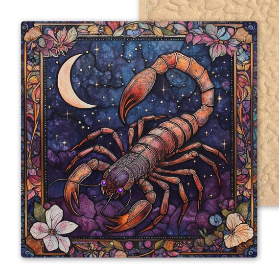 Handcrafted Scorpio Zodiac Ceramic Tile Wall Art - Purple Stained Glass Scorpion Astrology Decor
