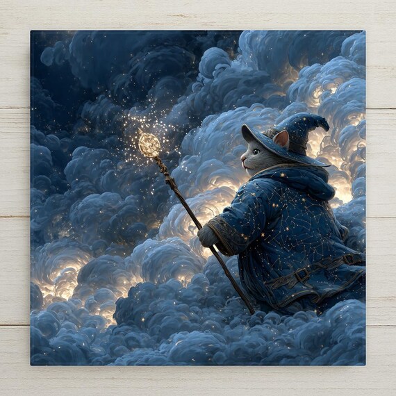 Enchanting Wizard Cat Wall Art: Mystical Feline in Starry Robe with Staff - Whimsical Fantasy Print