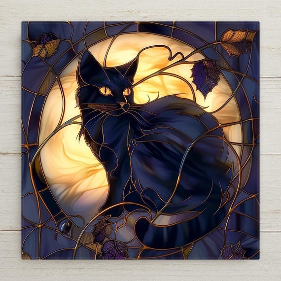 Mystical Black Cat Ceramic Tile Wall Art – Stained Glass Style Moonlit Scene, Gothic Home Decor, Enchanted Fantasy Wall Decor Tile
