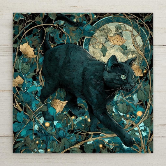 Mystical Black Cat Ceramic Tile Wall Art - Gothic Moon Night Scene with Flowers - Stained Glass Style Decor