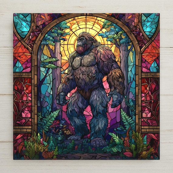 Stained Glass Sasquatch Ceramic Tile: Bigfoot Forest Wall Art