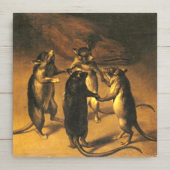 Gothic Castlecore Ceramic Tile Art: Dance of the Rats - Vintage Inspired Whimsical Wall Decor