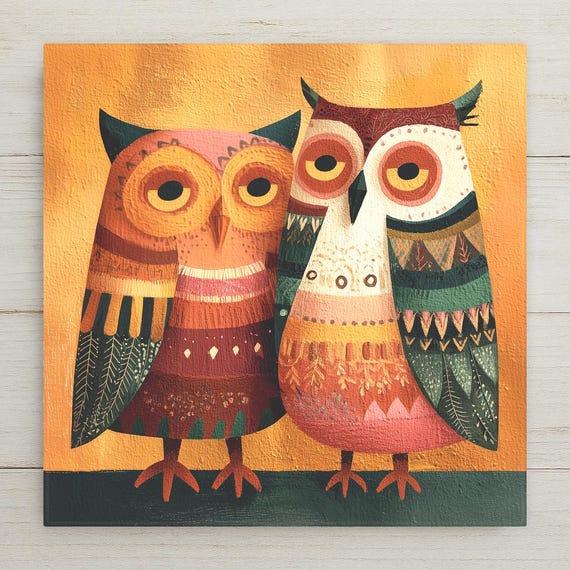 Whimsical Owl Pair Folk Art Ceramic Art Tile: Nature Wall Decor Anniversary Gift Rustic Home Decor Owl Lover Cottagecore