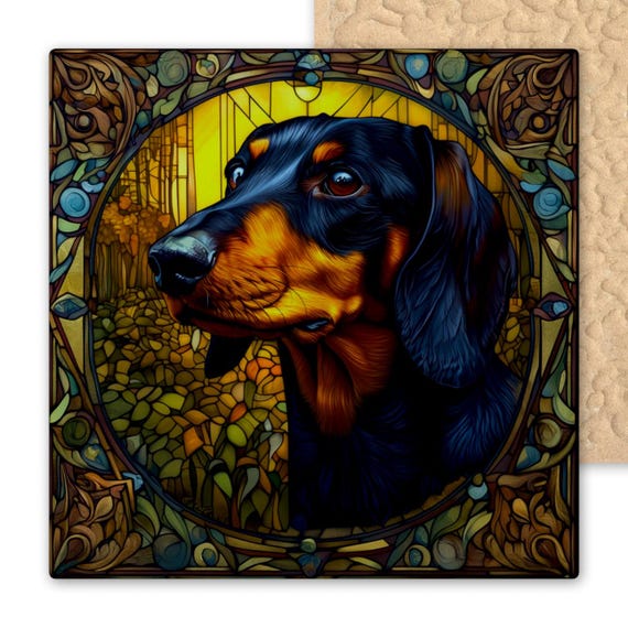 Art Nouveau Dachshund Tile: Mucha-Inspired Decor, Coaster, Trivet - Unique Pet Lover Gift