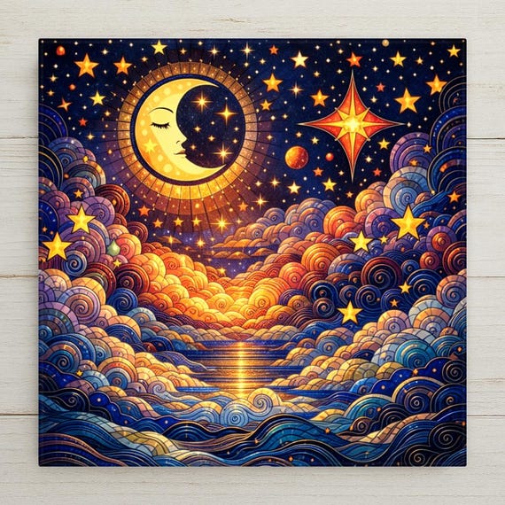 Celestial Moon Ceramic Tile Wall Art – Stained Glass Style Night Sky, Symbolic Wall Decor, Mystical Home Decor Gift