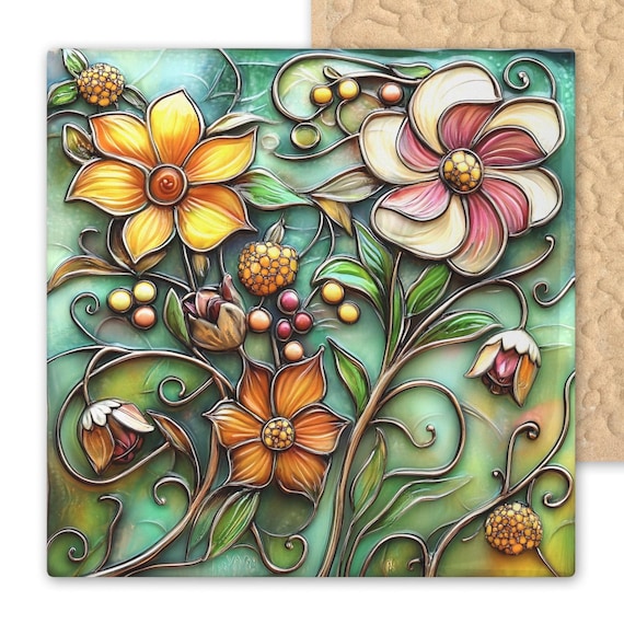 Floral Ceramic Tile with Stained Glass Design - Summer Wall Art for Nature Lovers, Garden & Farmhouse Decor