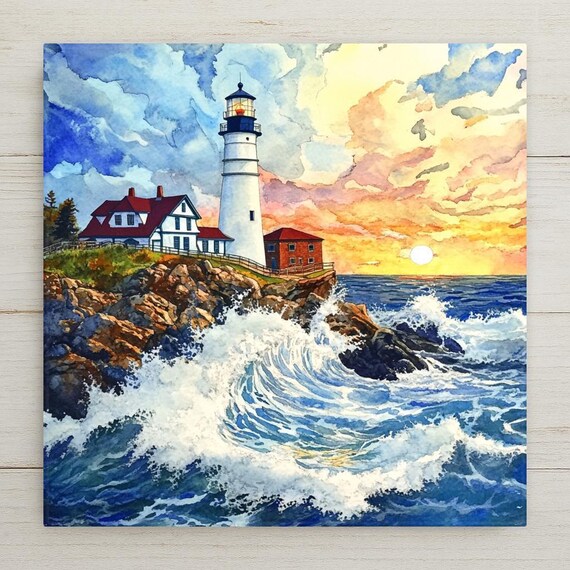 Portland Head Lighthouse Ceramic Tile: Coastal Watercolor Art Trivet