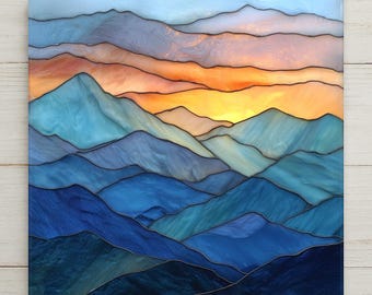 Arte mural de azulejos de cerámica con atardecer en la montaña: paisaje vitral, decoración significativa para el hogar, arte mural simbólico, decoración natural para paredes