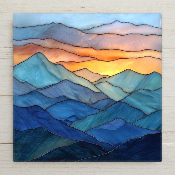 Mountain Sunset Ceramic Tile Wall Art – Stained Glass Style Landscape, Meaningful Home Decor, Symbolic Wall Art, Nature Wall Decor