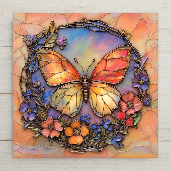 Art Nouveau Butterfly Tile: Stained Glass Style Wall Art Ceramic Home Decor