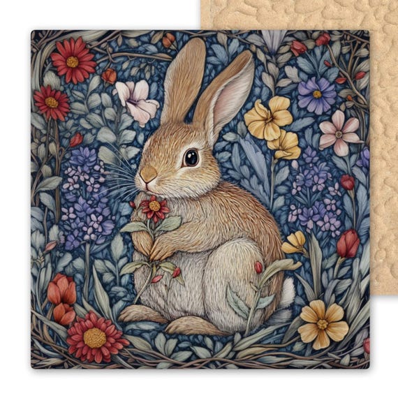 Art Nouveau William Morris Inspired Woodland Bunny Rabbit Lovers Ceramic Tile Art Wall Decor Wall Art Floral Hare Trivet Coaster