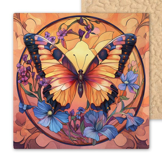 Butterfly Ceramic Tile Art – Vibrant Stained Glass Style Wall Decor – Orange and Blue Garden Insect Gift – Handmade Nature Tile