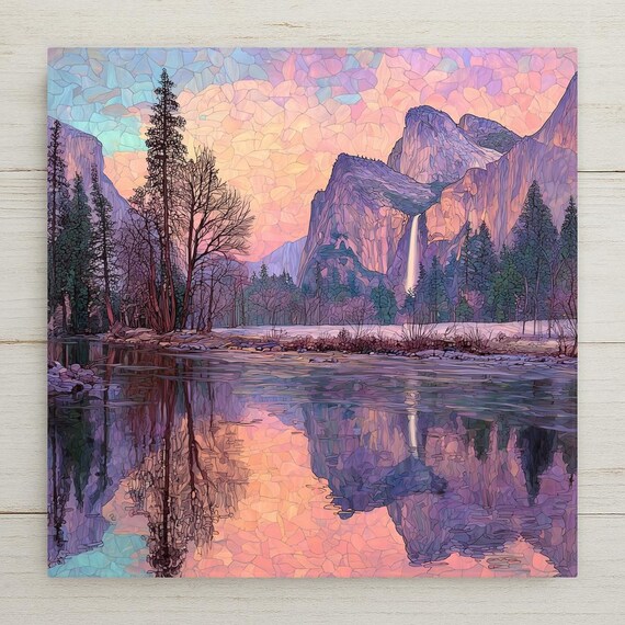 Yosemite Wall Art Ceramic Tile Stained Glass Style Merced River with Yosemite Falls California National Park Décor Gift