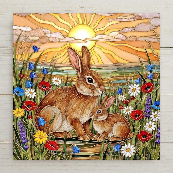 Easter Bunny Wall Art Ceramic Tile – Spring Rabbit Decor with Wildflowers, Woodland Nursery Art, Cottage Home Decor Gift