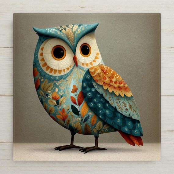 Whimsical Owl Ceramic Tile Wall Art - Folk Bird Illustration with Autumn Leaves Nature Home Decor Gift