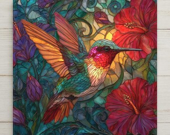 Hummingbird Wall Art Ceramic Tile Stained Glass Style Hibiscus Floral Design Nature Home Decor Botanical Gift Tile