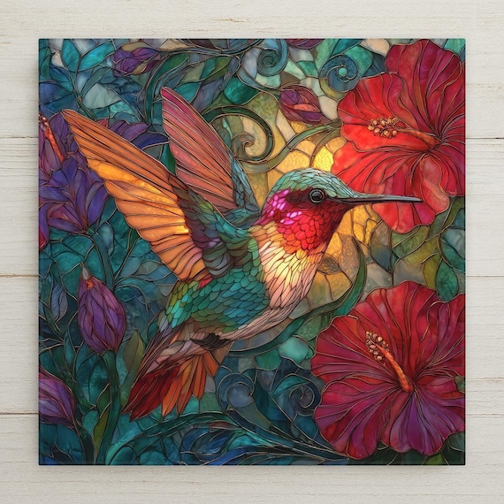 Hummingbird Ceramic Tile Wall Art – Stained Glass Hibiscus Floral Design, Nature Home Decor, Botanical Wall Decor Gift for Bird Lovers